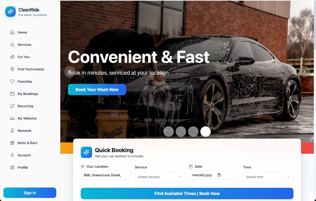 Clean Ride Mobile Wash website with mobile car wash booking
